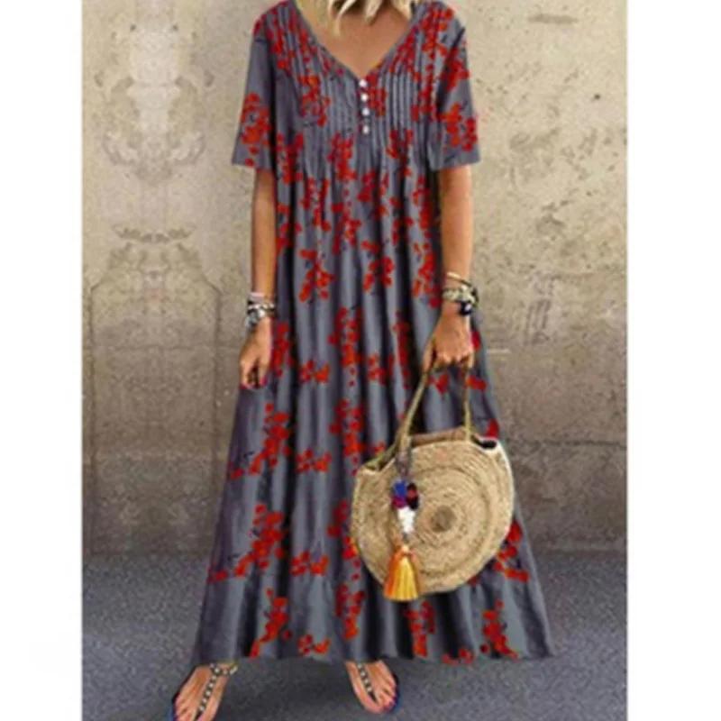 

Vintage Print Street Wear Large Hem Summer Ladies Plus Size Ruched Dress V-Neck Casual Green Dress Ankle-Length Women Dresses