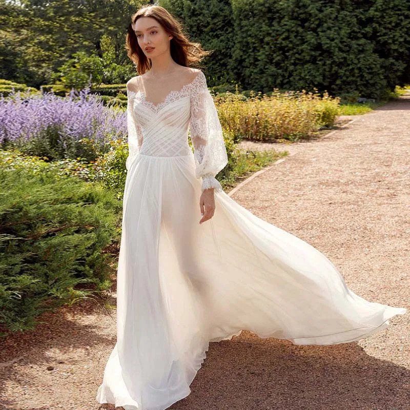 

Luxury A-line Wedding Dresses Lantern Sleeve V Neck Lace Chiffon Robe de mariée Sexy Backles High Slit Charming Gowns Custom