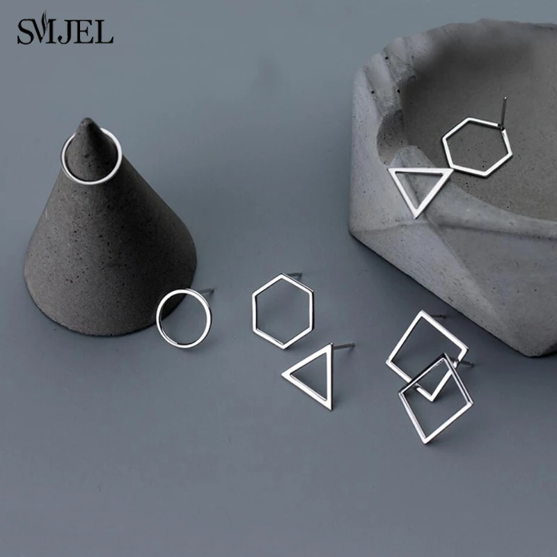 Женские Геометрические сережки гвоздики SMJEL из настоящего серебра 925 пробы с