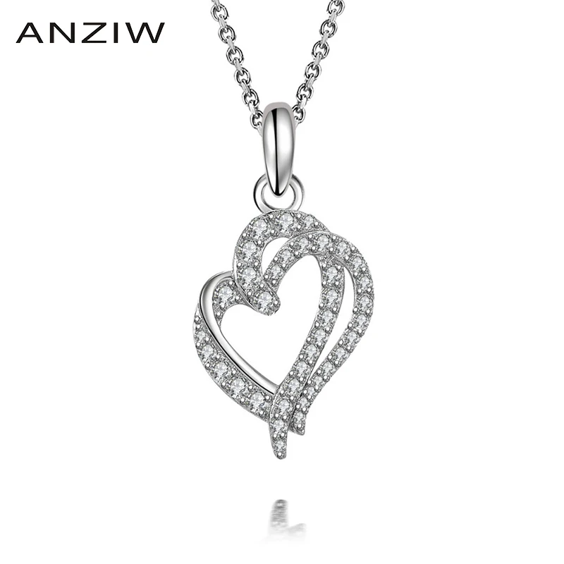 

ANZIW 925 Sterling Silver Pendant Necklace for Women Double Love Heart Original Long Chain Necklace Wedding collar de plata