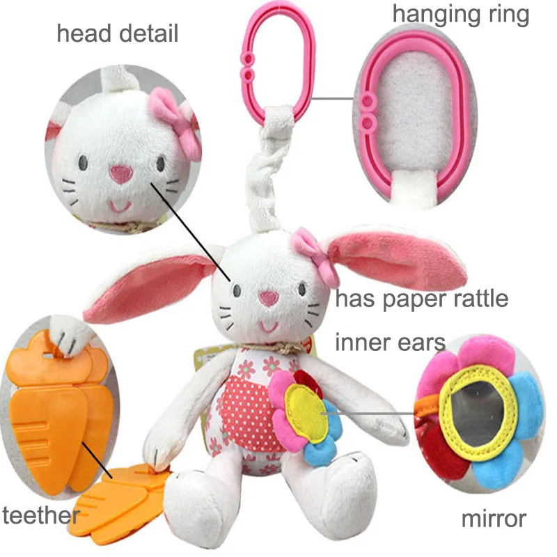 

1Pc Rabbit Rattles With Mirror Strolls Hanging Bed Infants Doll Plush Toys With Teether Animal Kids Toys For Baby 0-12 Months