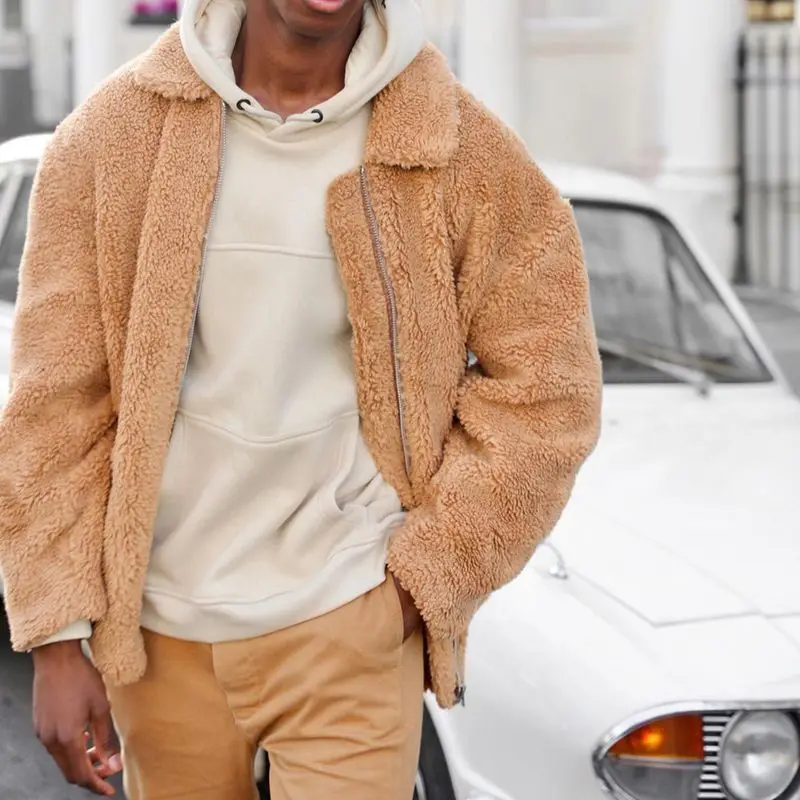 

Men's Fleece Solid Color Jacket Zipper Lapel Cardigan Fashion Trend Men's Loose Tops 2021 Fall Winter New