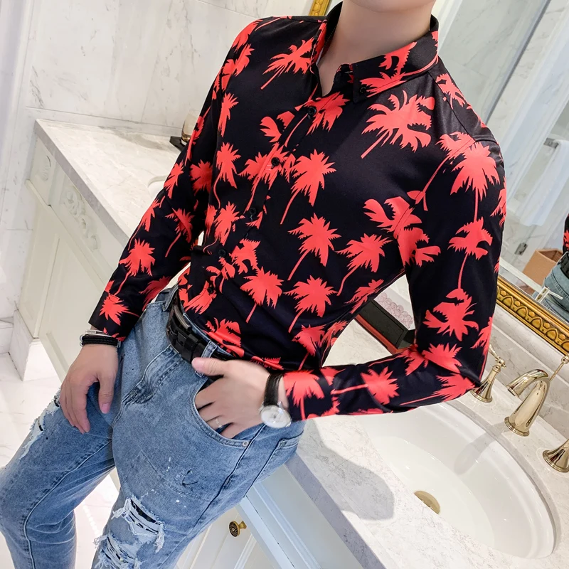 Camisa hombre брендовая Осенняя рубашка с длинным рукавом и цветочным рисунком мужская