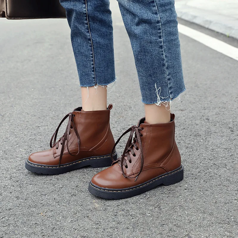 Ladys Concise Lace Up Brown Black Military Combat Boots Low Heel Platform Womens Ankle Short Boot Casual Shoes Plus Size | Обувь