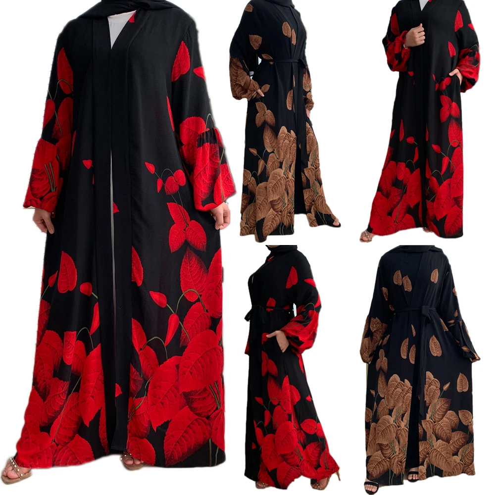 Женское кимоно с цветочным принтом Abaya, вечернее длинное платье с пышными рукавами, макси-халат, кардиган на Среднем Востоке