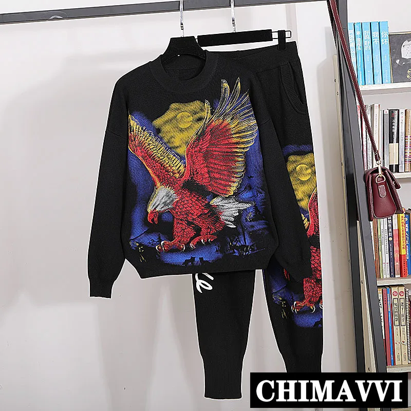 

Вязаный костюм в европейском стиле, Женский Осенний новый вязаный свитер с орлом, украшенным бриллиантами, штаны-шаровары, комплект из двух ...