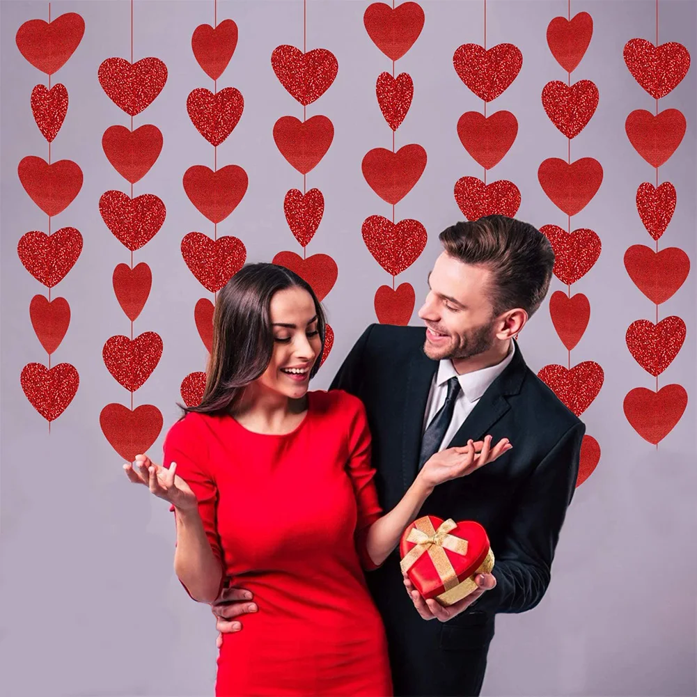 

12PCS Red Glitter Heart Garland Valentines Decoration Anniversary For Party Wedding Marriage Proposal Hanging Decor