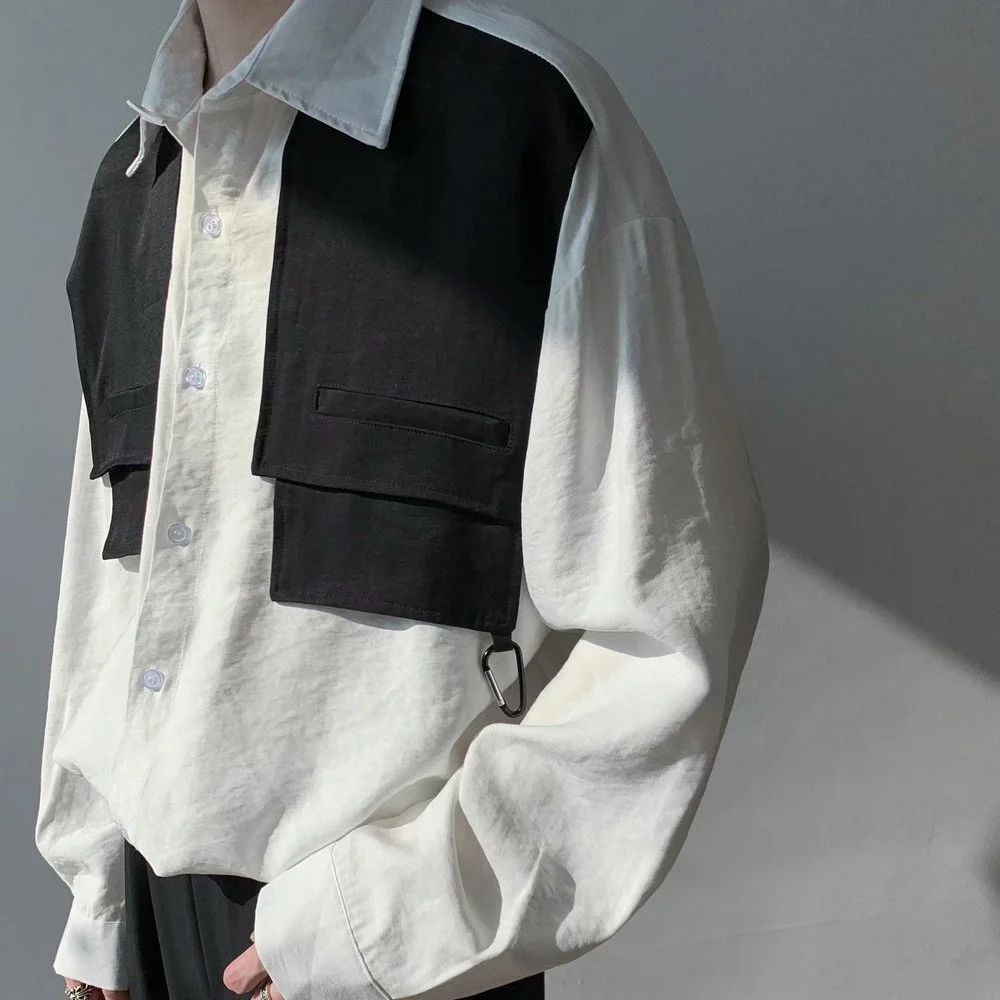 

Spring Summer Fake Two Shirts for Men 2021 Contrast Stitching Japanese Long Sleeve Shirt Fashion Couple Clothing Designer Tops