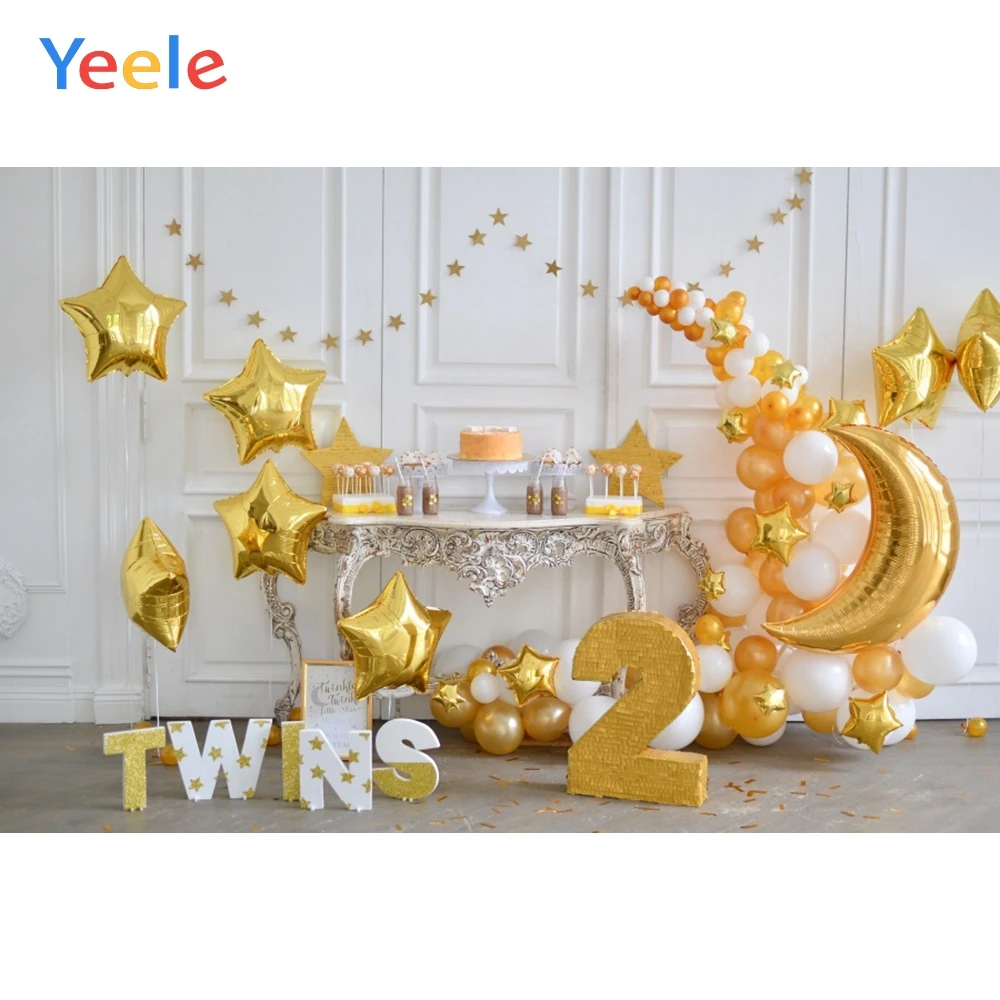 

Yellow Star Balloons Props 2nd Birthday Party Photophone Baby Photo Backdrops Custom Photographic Backgrounds For Photo Studio