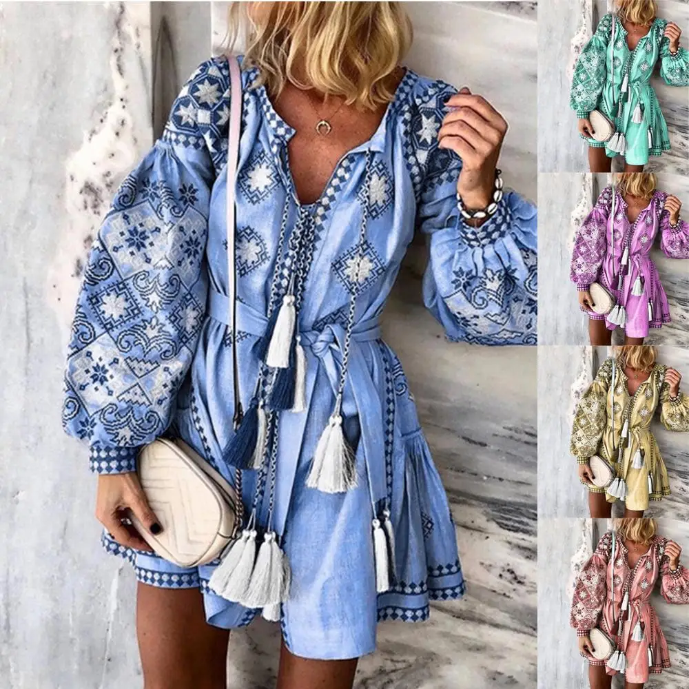 Женское винтажное платье с цветочным принтом в стиле бохо Летнее мини пышными