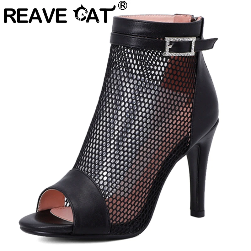 

REAVE CAT New 2021 Women Sandals Peep Toe 9.5cm High Block Heels Zip Buckle Breathable Soft Comfy Sexy Stylish Big Size 46 A3762