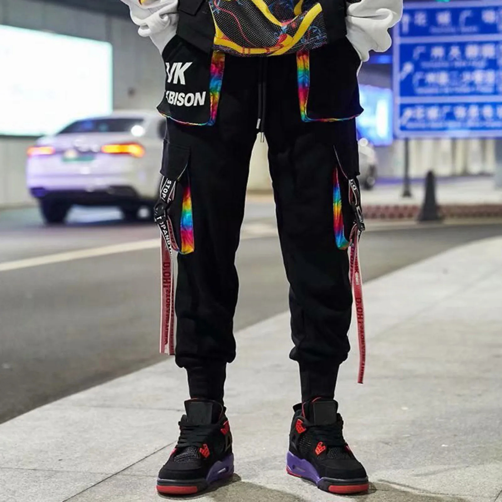 Rainbow Ribbons Multi Pockets Cargo Pants Men Harajuku Casual Track Trouser Hip Hop Streetwear Techwear Trousers Men Joggers