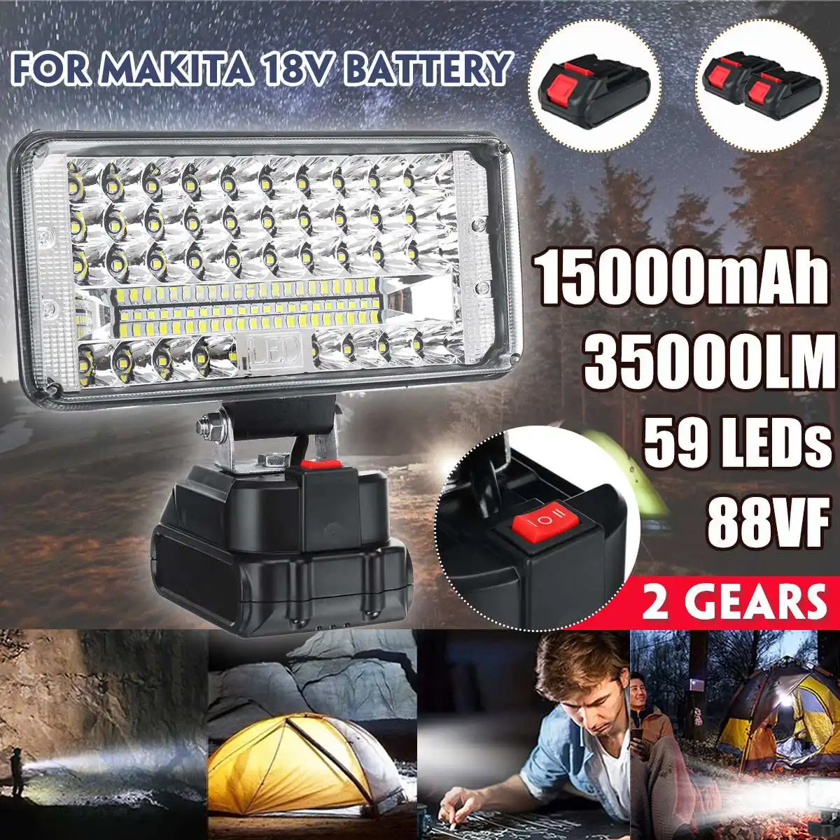 

3/4/7 Inch LED Spotlight Work Light With 15000mAh Battery Outdoor Camping 2 Gears Portable Flashlight For Makita 18V Battery
