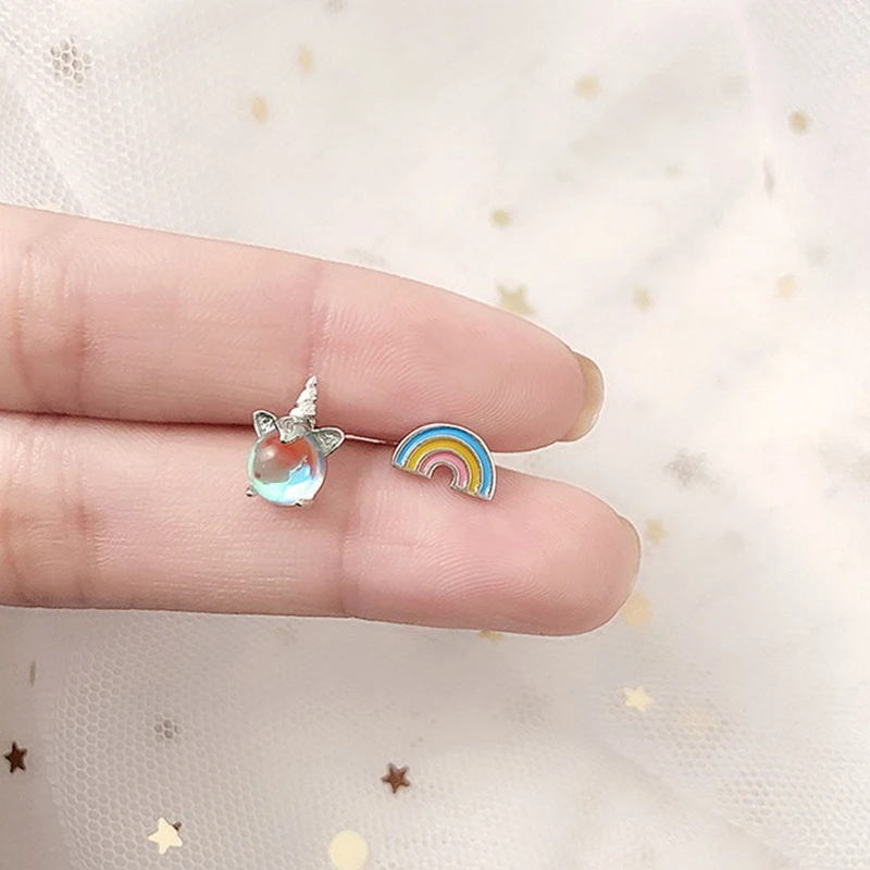 Серьги клипсы без пирсинга маленькие милые серьги с радужным единорогом для