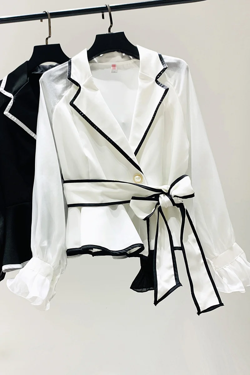 White Chiffon Blouse Women Notched Collar Flare Sleeve Shirt Solid Color Ladies Elegant Black Stripe Edge Blusa Tops | Женская одежда