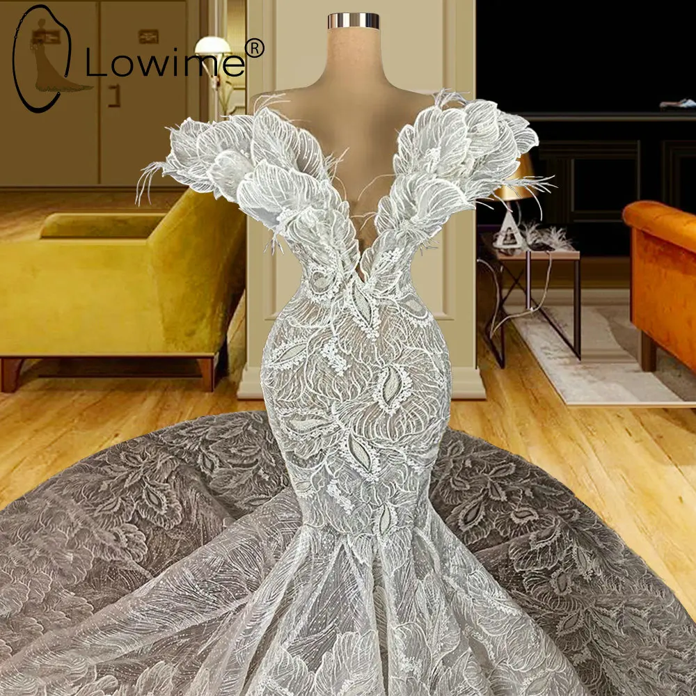 

Dubai Luxury Ivory Mermaid Lace Wedding Dresses Sexy Illusion Deep V Neck Custom Made Long Train Bridal Gowns