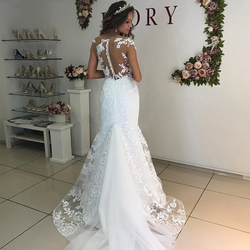 

Vestidos De Noiva Cap Sleeves Scoop Sleeveless Lace Appliques Zipper Button Detachable Train Wedding Dresses Bridal Gown
