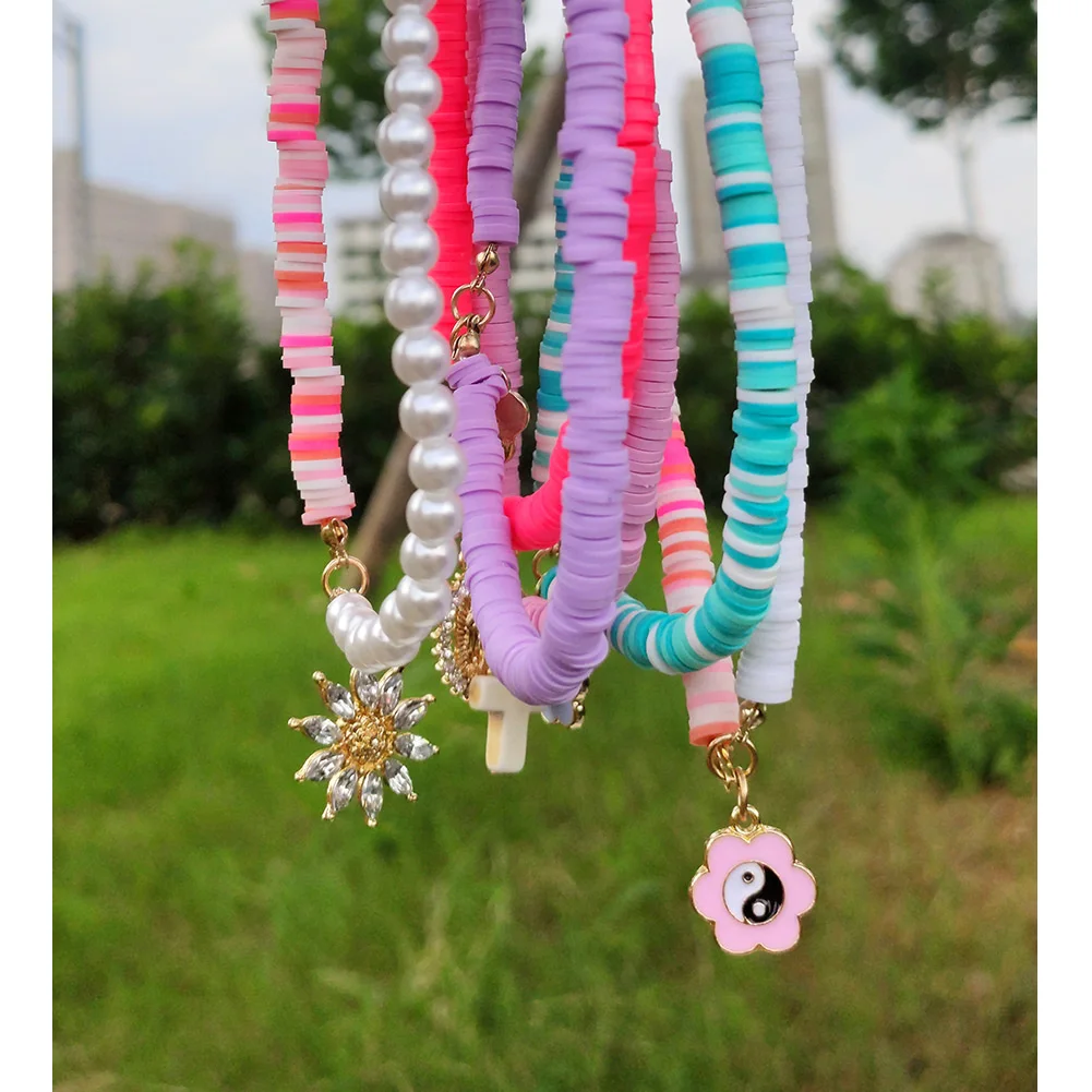 

Korean Polymer Clay Beaded Necklace Rhinestone Sunflower Tai chi Pendant Pearl Bead Strand Asymmetry Necklaces Handmade Jewelry