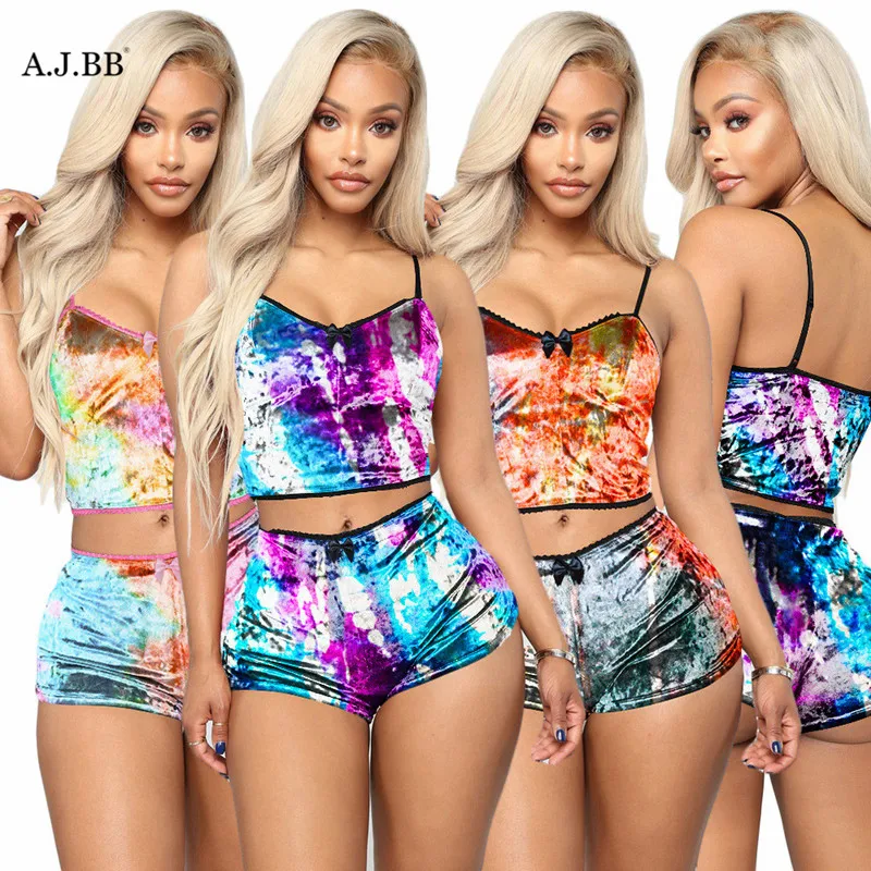 

European sexy hollow print nightclub women's suit fashion slim U-neck sleeveless camisole and shorts two piece set