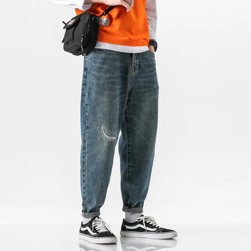 Джинсы мужские с вышивкой в стиле ретро потертые прямые джинсы хип хоп