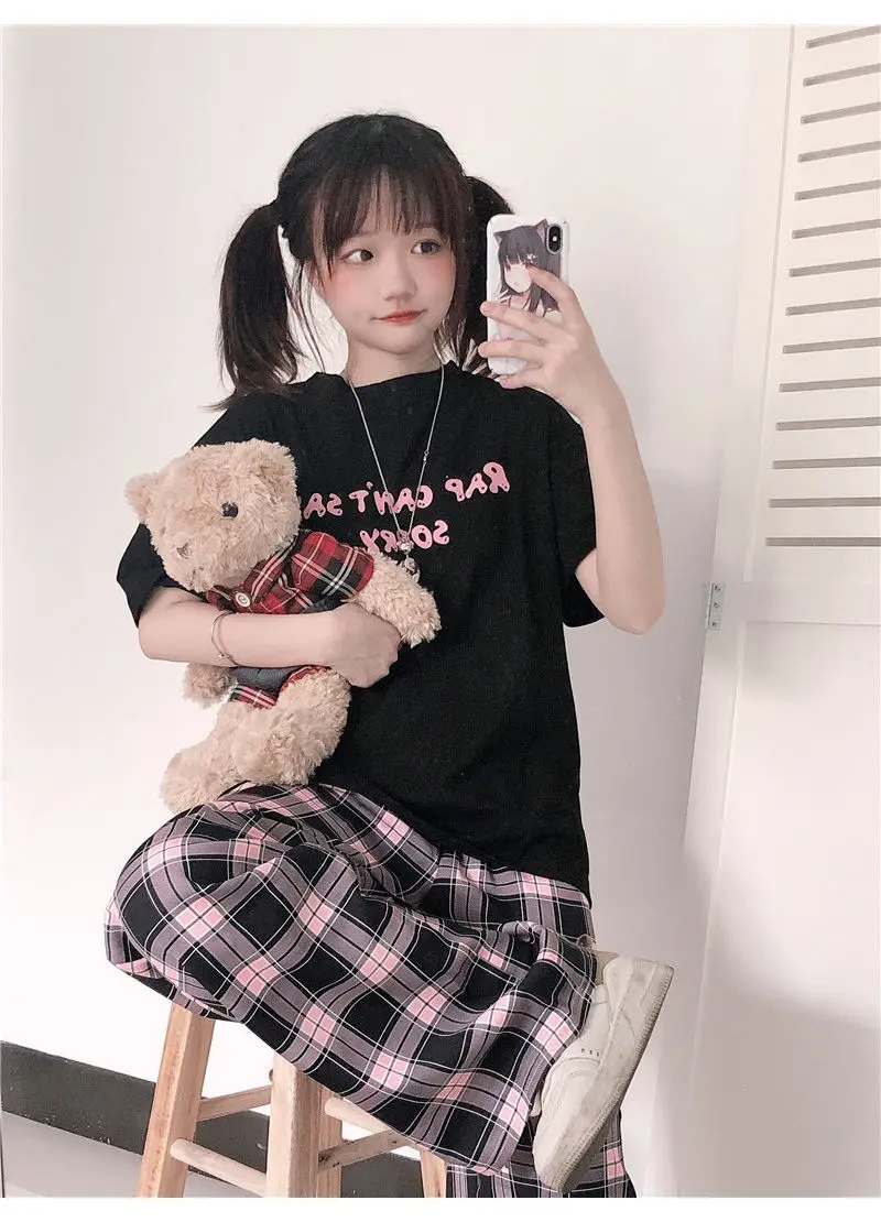 Black and pink Plaid pants Oversize New Women Casual Loose Wide Leg Trousers Ins Retro Teens Straight Hiphop Streetwear | Женская одежда