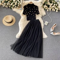 autumn 2 piece sets women outfits knitted beaded slim tops and high waisted mesh long skirts womens 2021 chic sets