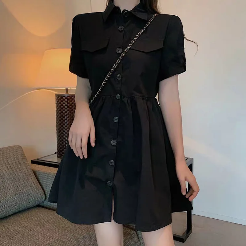 

Summer Skirt Waist Waist Show Thin Short Sleeves Solid Button Stand Collar Sweet Wind Tooling Wind Dress Women