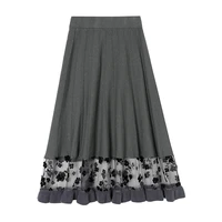 perhaps u elegant knitted high waist spliced lace mesh flower embroidery ruffles pleated a line maxi mid calf long skirt s3015