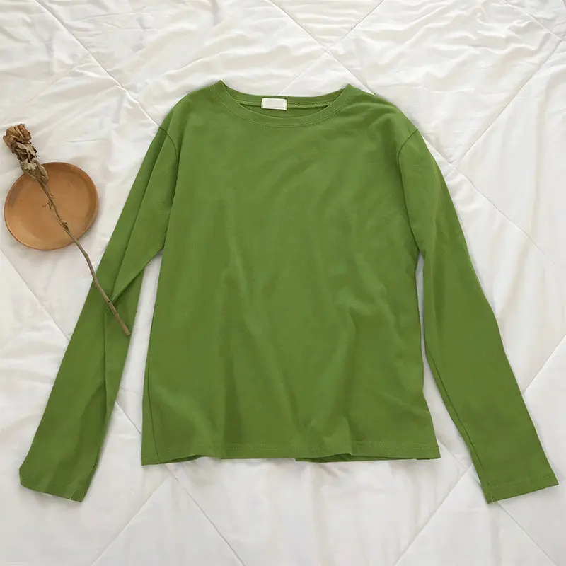 Avocado green 22 Однотонная футболка с длинным рукавом Женская Kpop шикарная свободная хлопковая Футболка с круглым вырезом черная Harajuku Kawaii простая Базовая футболка Femme - Цвет: Avocado green