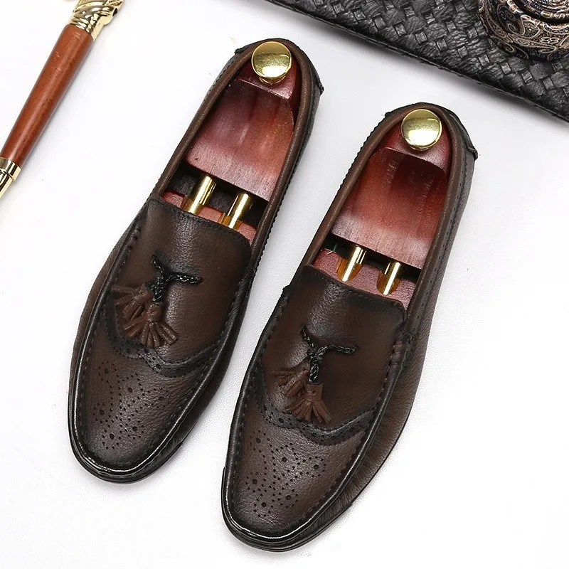 

Mens British Genuine Classic Leather Moccasin Gommino Tassels Slip On Loafers Office Work Man Low-top Flats Formal Dress Shoes