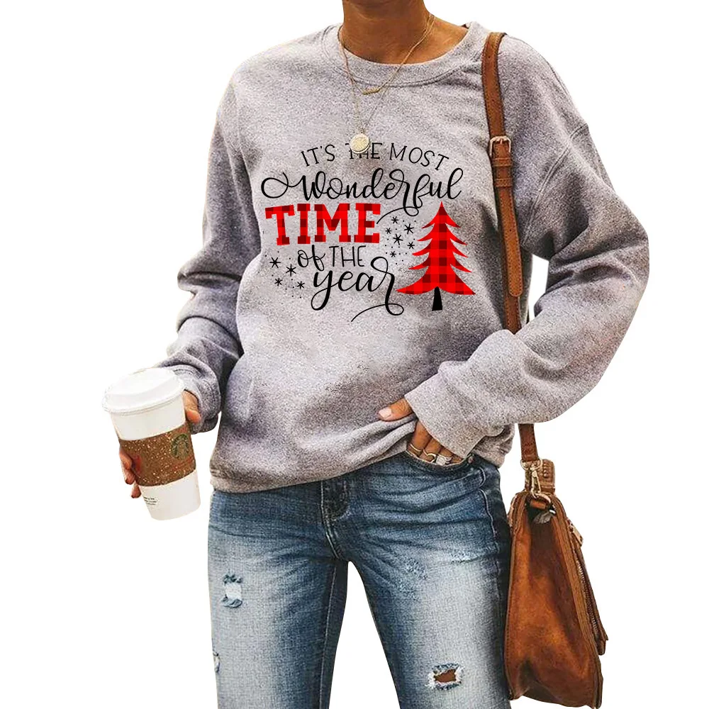 

Time Christmas tree pattern printed round neck long sleeve Pullover