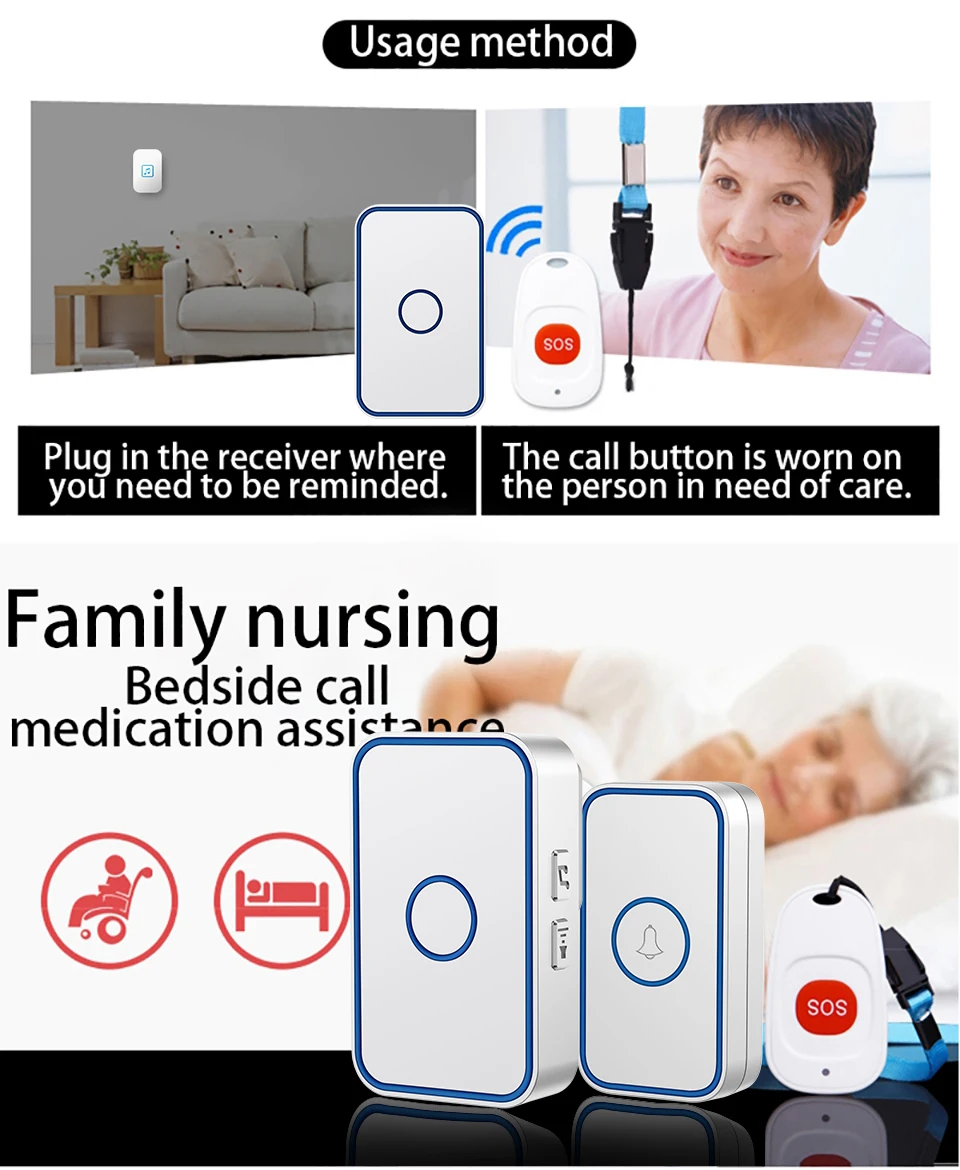 CACAZI водонепроницаемый беспроводной пейджер дверной звонок старый человек