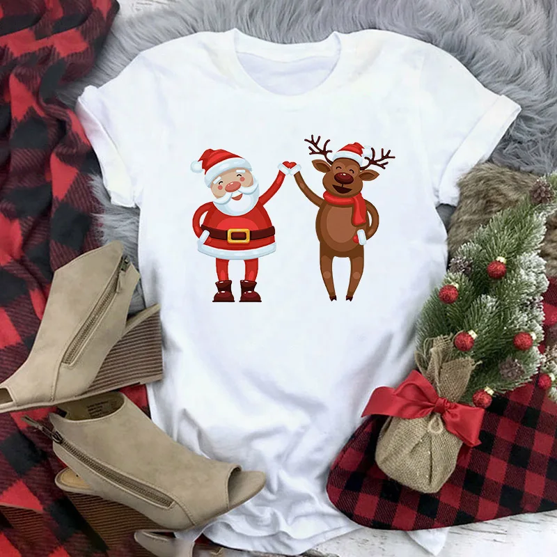

New Kawaii Santa Claus And Elk Women T Shirt Fashion Christmas Harajuku Short Sleeve Female T-shirt White Tops Clothes