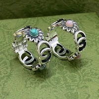 fashion luxury brand original 925 sterling silver letter daisy turquoise couple ring for women fine wedding jewelry