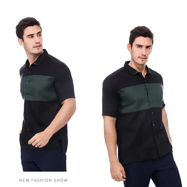 

2021 New Summer Men's Fashion Hemp Shirt Black/Green Mens Button Up Slim Fit Shirts Short Sleeve Work Leisure Clothing