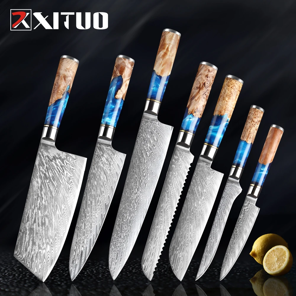 

XITUO Kitchen Knife Set Damascus VG10 Steel Chef Knife Meat Cleaver Paring Bread Knife Boning Steak Knives Cooking Tool 1-7pcs