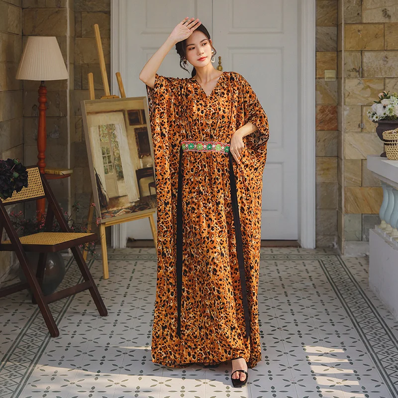 

DIMANAF 2021 Plus Size Summer Dress Women Vestidos Sundress Bohemian Leopard Embroidered Long New Dress Oversize Casual Bat 5XL