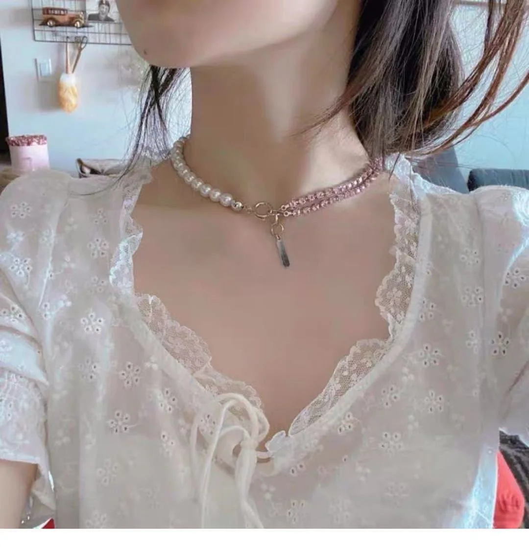 

New simple titanium steel pearl zircon clavicle necklace