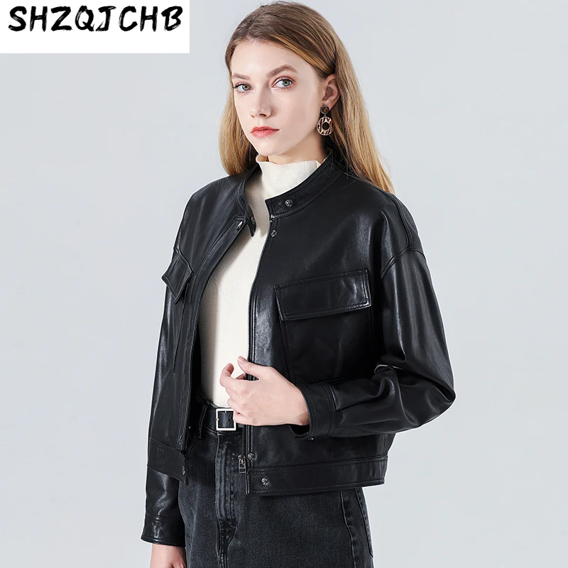 

Женская кожаная куртка SHZQ, Корейская свободная короткая Весенняя повседневная куртка из овечьей кожи, новинка 2021
