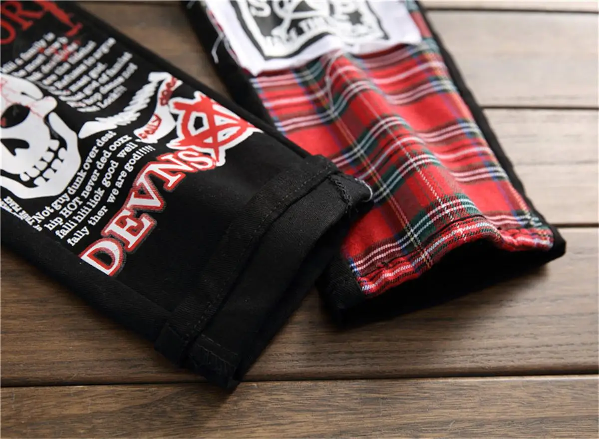 Street style color matching patch casual pants stretch footwear men's black printed pants punk casual men's pants