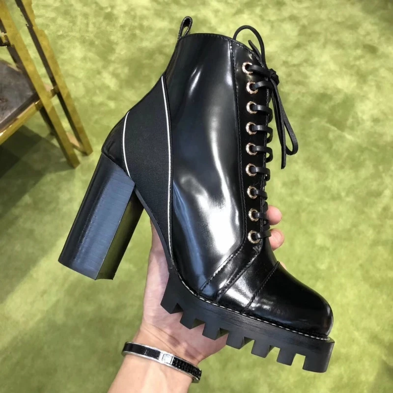 

Женские ботинки на высоком каблуке, Черные ботильоны на платформе, с перекрестной шнуровкой