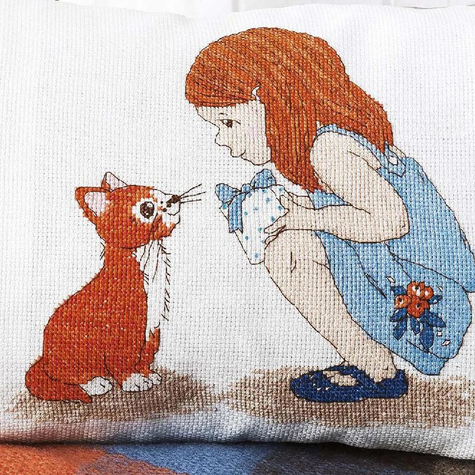 

ZZS011 Girl and Kitten DIY stich Craft Embroidery Counted NOT PRINTED Cross Stitch Packages Cross Stitching Kits Painting Kit