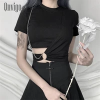 qnvigo sexy chain t shirt punk design ring iron metal thin t shirt womens high waist slim short sleeved trendy hole top