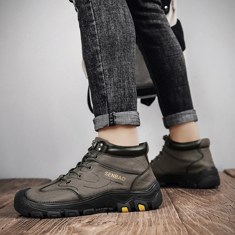 Мужские кожаные ботинки уличные теплые для снега водонепроницаемые походов