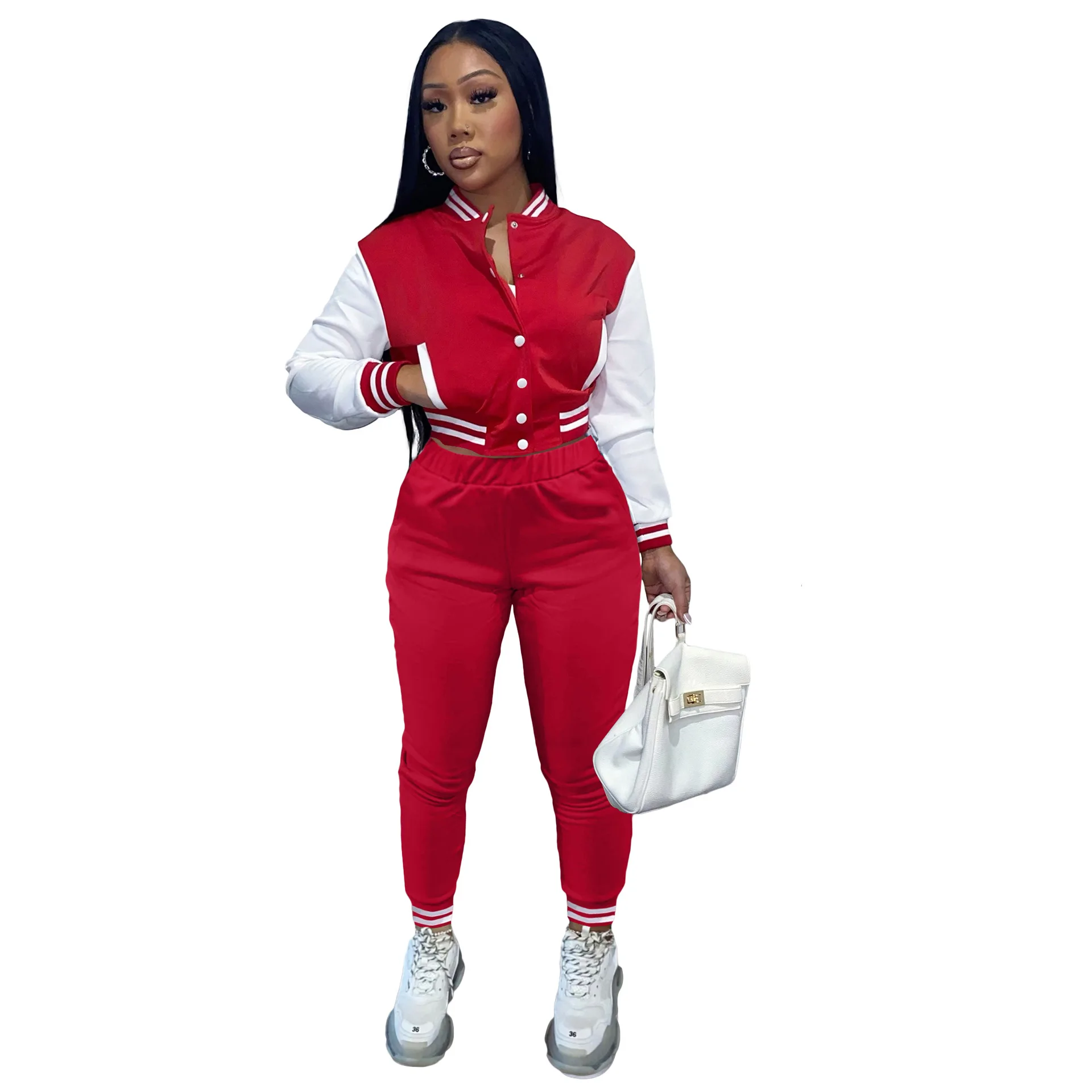 

winter contrast single breasted long sleeved jacket set baseball suit two piece set women's suit