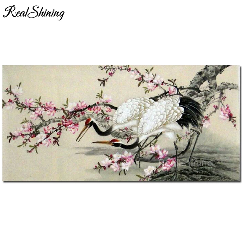 Алмазная мозаика большого размера Стразы с цветами сливы и журавлей распродажа