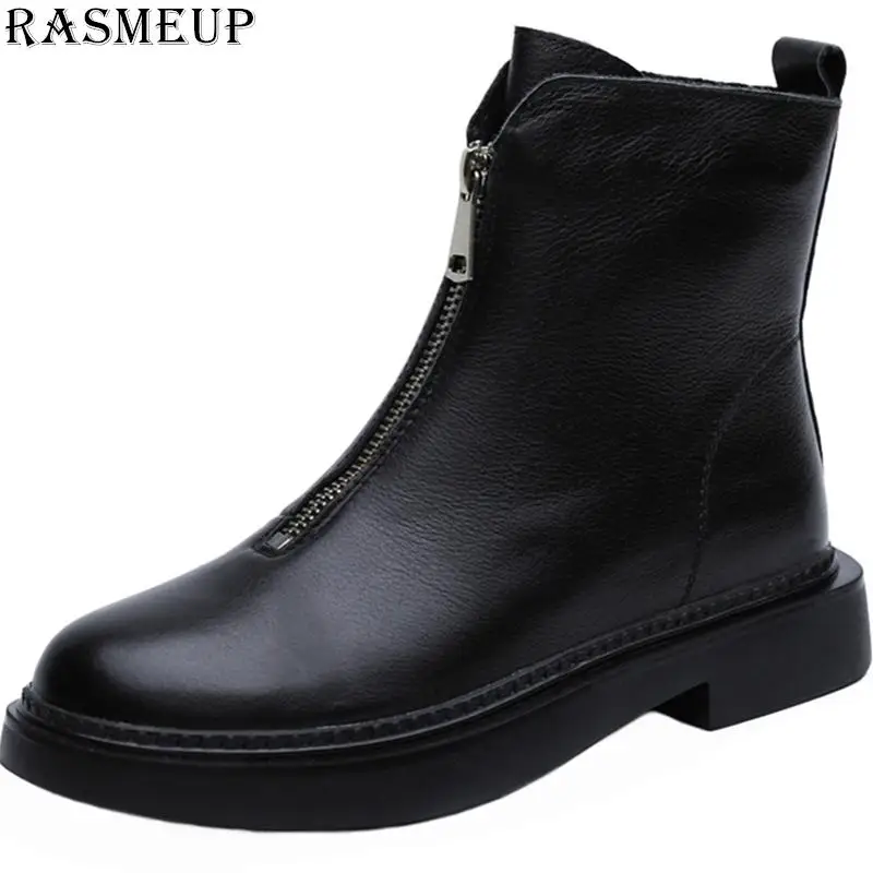 RASMEUP/женские зимние ботильоны из натуральной кожи; коллекция года; Модные женские Ботинки martin на платформе с молнией спереди; теплая женская обувь - Цвет: Черный