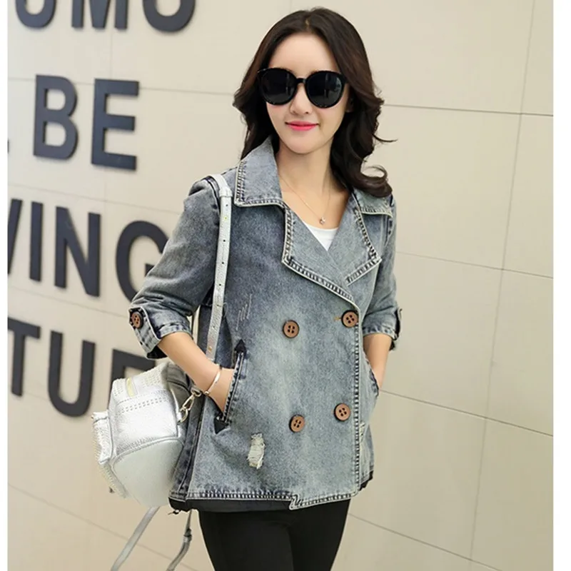 Женская короткая джинсовая куртка свободная осенне-Весенняя Базовая с рукавом 3/4