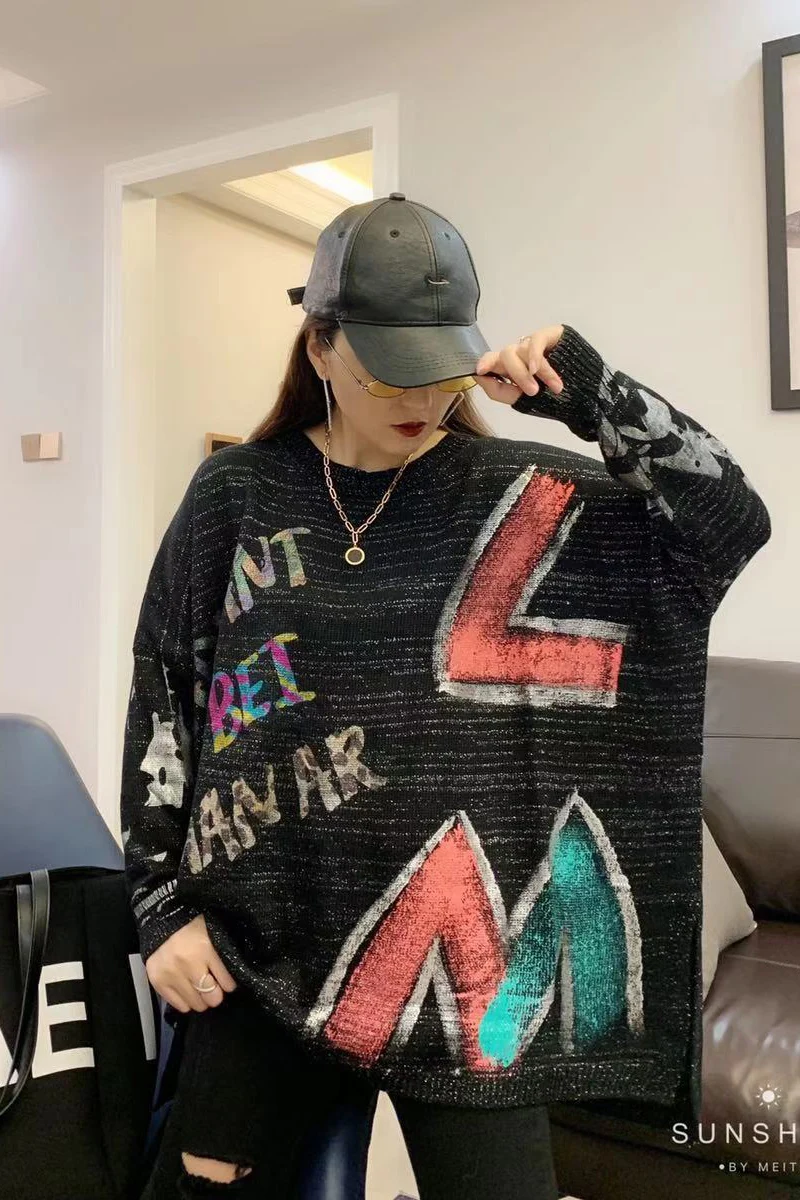 

Batwing Knitted Print Pattern Sweater Women Korean Fashion New 2020 Autumn Pullover Ins Hot Patchwork Black Pullovers LT998S30