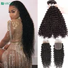 Дева бразильский вьющиеся пряди с закрытием Remy человеческих волос 30 дюймов глубокая волна пряди с кружевом фронтальной Пряди человеческих волос для наращивания